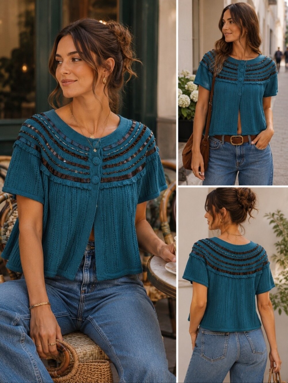 Nanette Lepore~Teal Merino Wool Beaded Cropped Cardigan – Ruffle Detail (S)